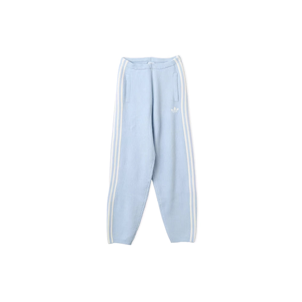 Front view of adidas x Jennie Wonder Blue knit pants with white 3-Stripes and a Trefoil logo.