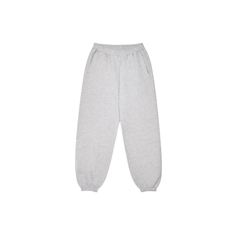 Front view of Malbon Clubhouse sweatpants in heather grey with side pockets, elastic cuffs, and white script branding.