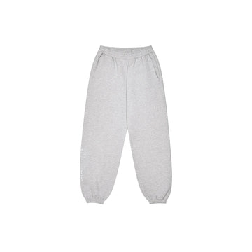 Front view of Malbon Clubhouse sweatpants in heather grey with side pockets, elastic cuffs, and white script branding.