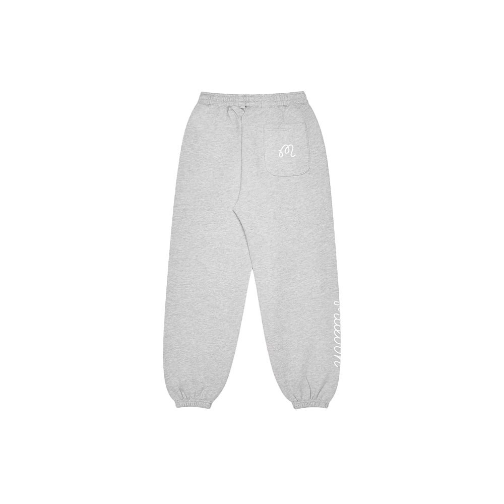 Back view of Malbon Clubhouse sweatpants in heather grey with a logo patch pocket and elastic cuffs