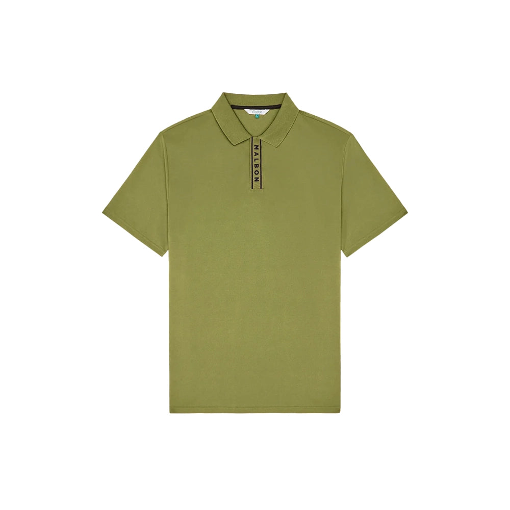 Front view of the Malbon Block Placket Polo in military green with short sleeves and black Malbon lettering on the placket.