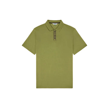 Front view of the Malbon Block Placket Polo in military green with short sleeves and black Malbon lettering on the placket.
