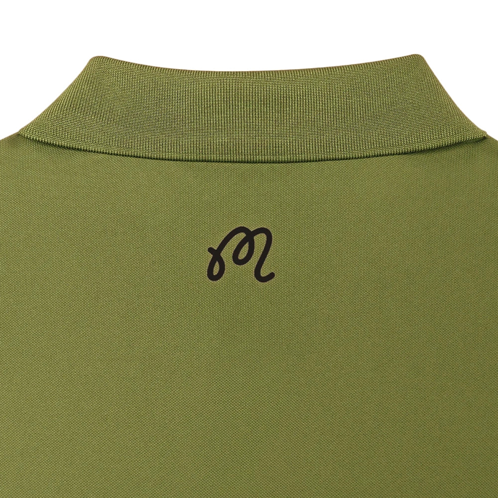 Close-up of the ribbed collar and black Malbon logo on the upper back of the military green polo.
