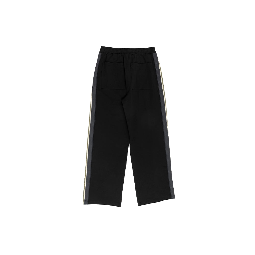 Black wide-leg cropped pants with a drawstring waist and double side stripes in beige and gray, shown flat on a white background.