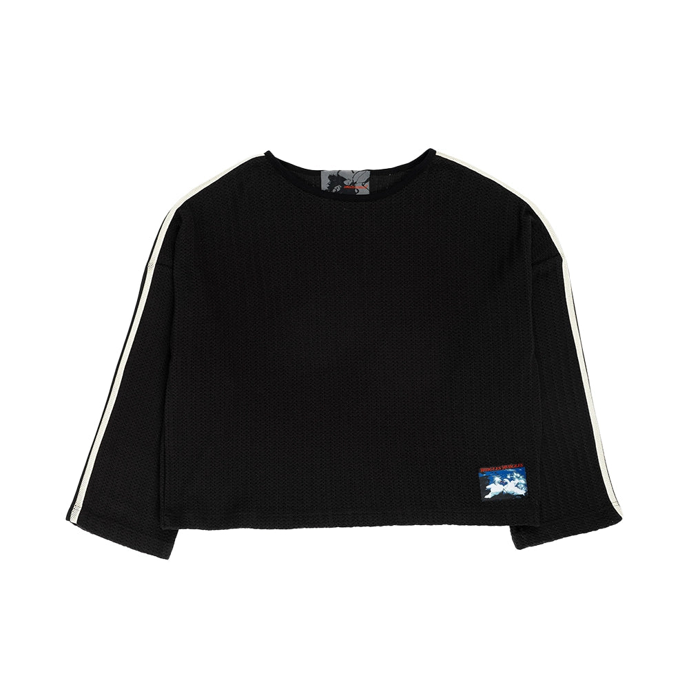 A black cropped long-sleeve top with white stripes down both sleeves and a small graphic patch on the lower left front, shown flat against a white background.