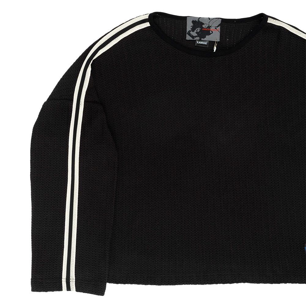 A black textured knit long-sleeve top with two white stripes running down the sleeves, shown against a plain white background.