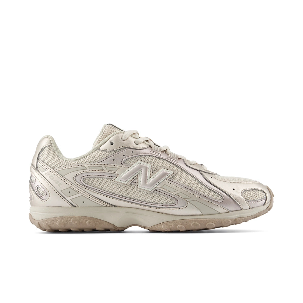 New Balance 204L Timberwolf Light Gold Metallic sneaker, side view with mesh panels and metallic overlays.