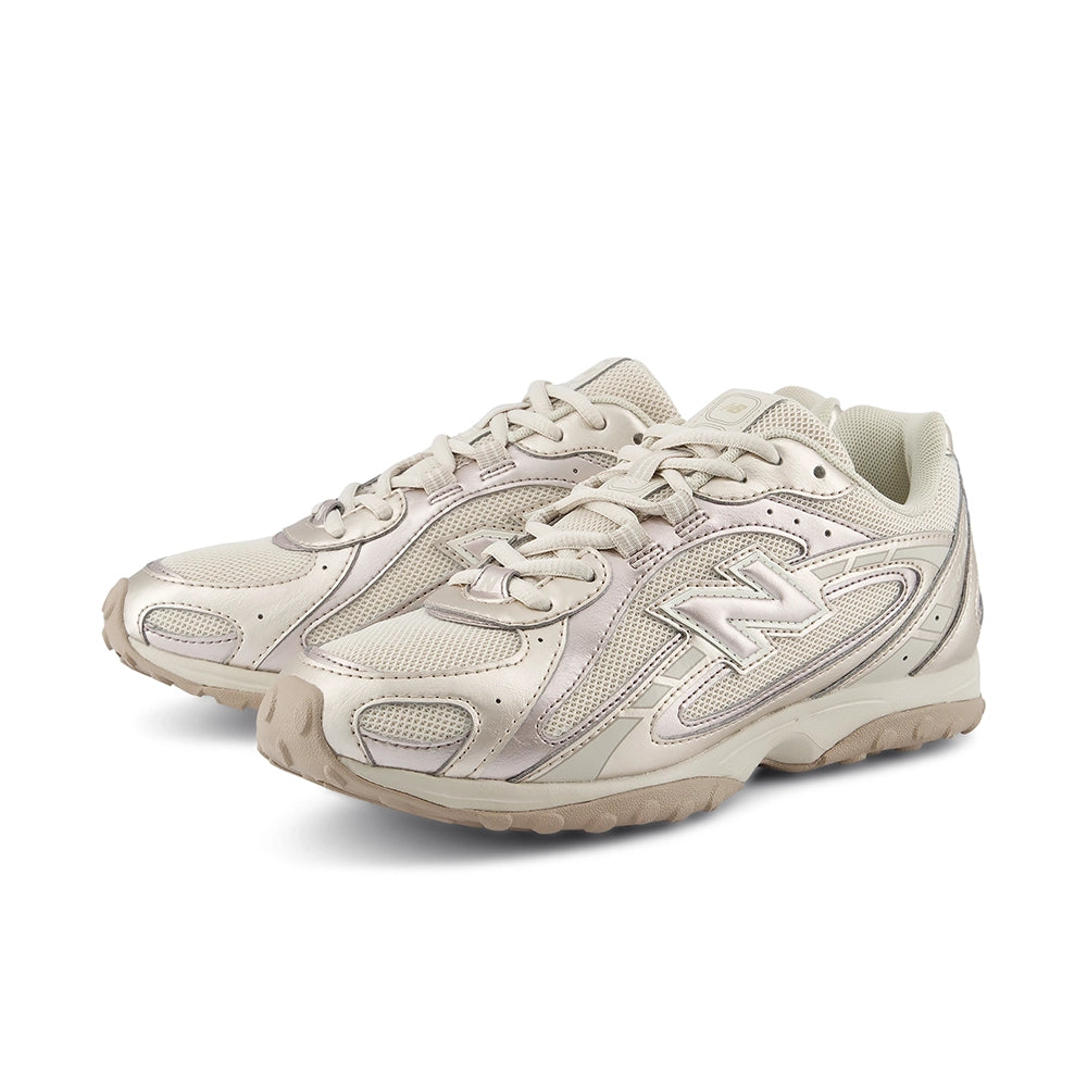 Pair of New Balance 204L Timberwolf Light Gold Metallic sneakers, front three-quarter view.