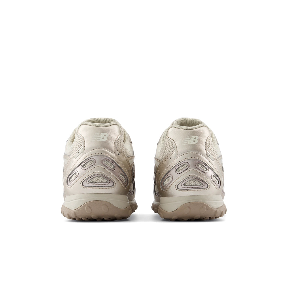 New Balance 204L Timberwolf Light Gold Metallic sneakers, heel view showing NB logos and mesh details.