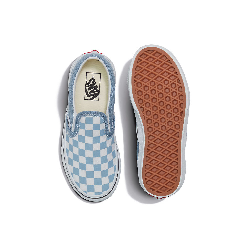 Blue checkerboard vans slip on sales