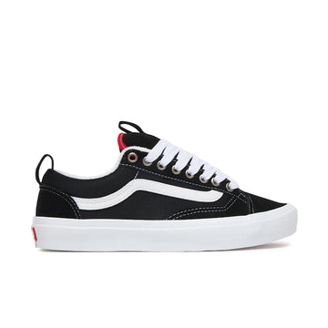 A black canvas low-top sneaker with white laces, silver eyelets, and a thick cream-colored platform sole, shown in a side profile on a white background.